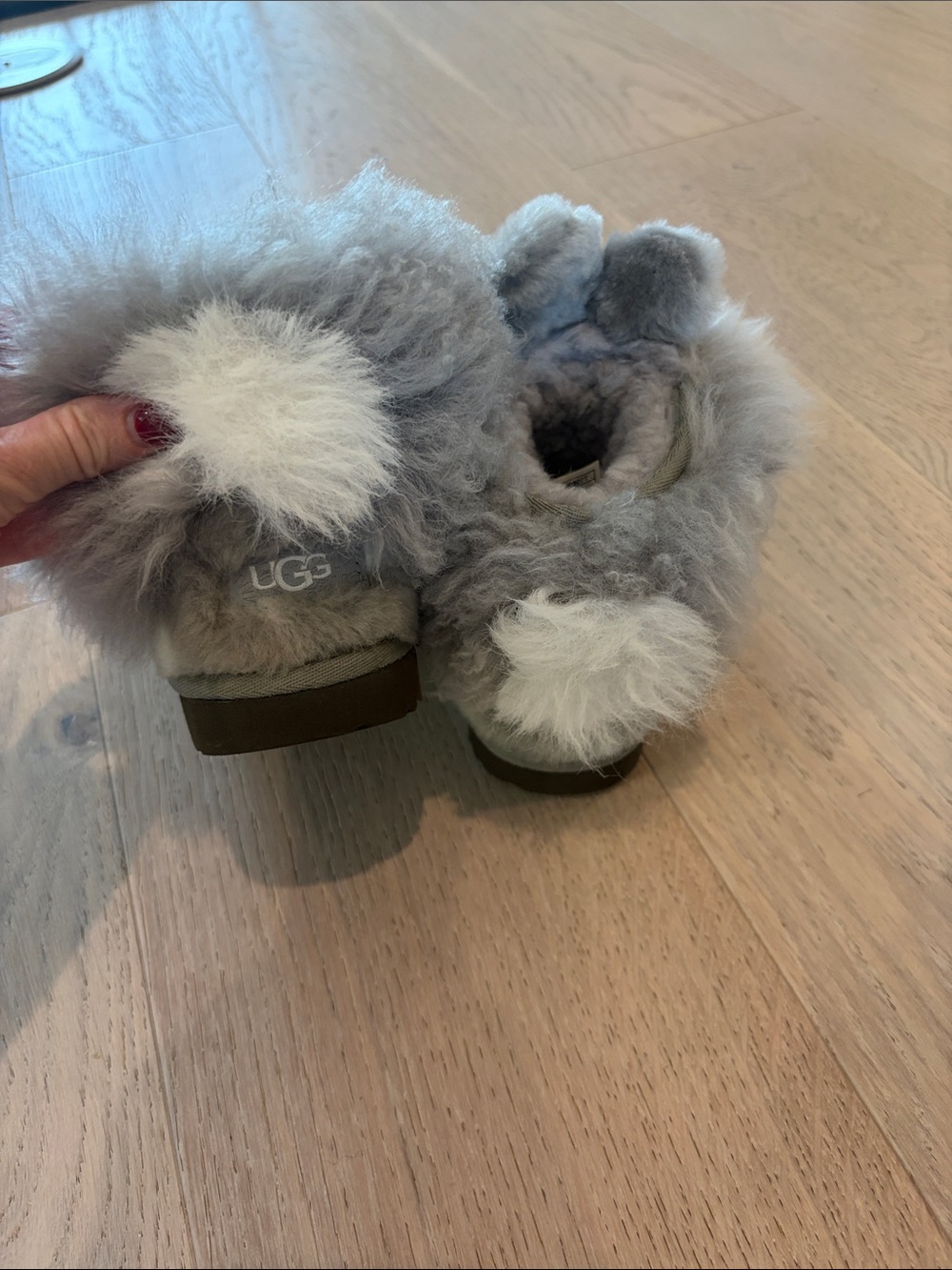 UGG Kids Gray Sheepskin Pom-Pom Slippers with White Accents